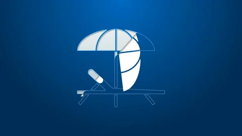 White line Sunbed icon isolated on blue background. Beach umbrella and Sun Stock Footage 144079331