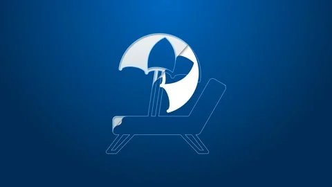 White line Sunbed icon isolated on blue background. Beach umbrella and Sun Stock Footage 159297638