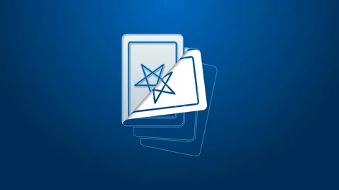 White line Three tarot cards icon isolated on blue background. Magic occult set Stock Footage 144357917