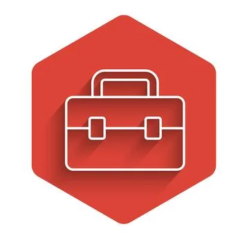 White line Toolbox icon isolated with long shadow. Tool box sign. Red hexagon Stock Illustration
