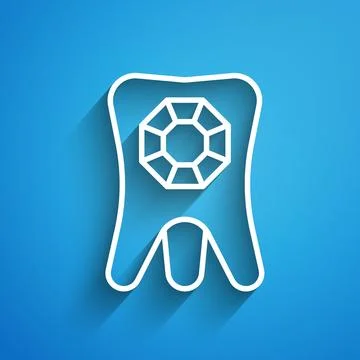White line Tooth with diamond icon isolated on blue background. Long shadow.. Stock Illustration