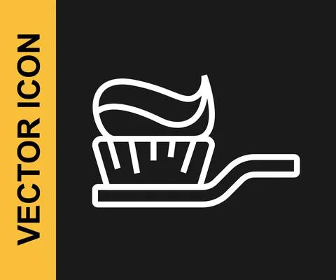 White line Toothbrush with toothpaste icon isolated on black background. Vector Stock Illustration