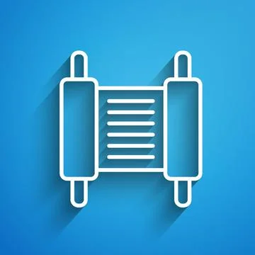 White line Torah scroll icon isolated on blue background. Jewish Torah in Stock Illustration