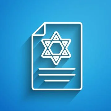 White line Torah scroll icon isolated on blue background. Jewish Torah in Stock Illustration