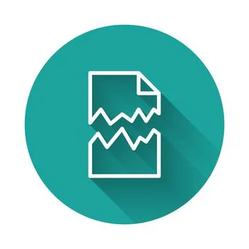 White line Torn document icon isolated with long shadow. Green circle button. Illustrazione stock