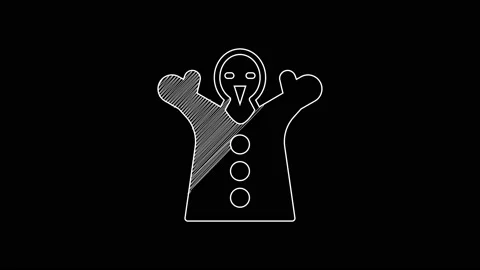 White line Toy puppet doll on hand icon isolated on black background. 4K Video Stock Footage 203387589