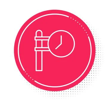 White line Train station clock icon isolated on white background. Red circle Stock Illustration