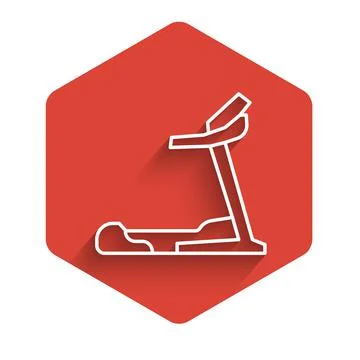 White line Treadmill machine icon isolated with long shadow. Red hexagon button Stock Illustration
