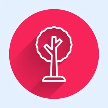 White line Tree icon isolated with long shadow. Forest symbol. Red circle button Stock Illustration