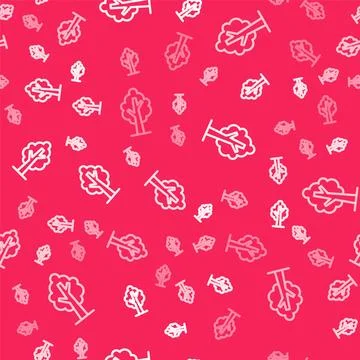 White line Tree icon isolated seamless pattern on red background. Forest sy.. Illustrazione stock