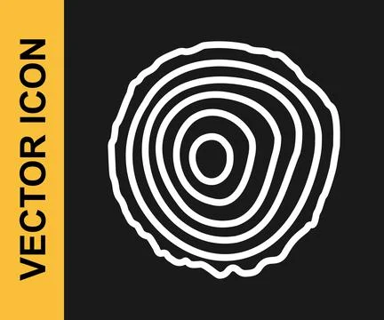 White line Tree rings icon isolated on black background. Wooden cross section Illustrazione stock