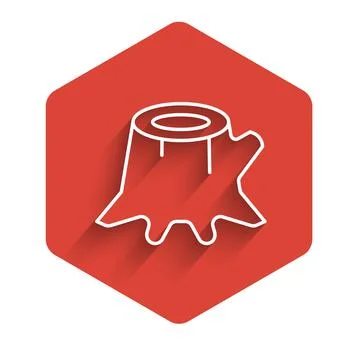 White line Tree stump icon isolated with long shadow. Red hexagon button. Vector Stock Illustration