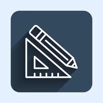 White line Triangular ruler and pencil icon isolated with long shadow background Stock Illustration