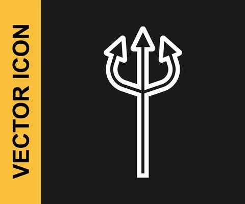 White line Trident devil icon isolated on black background. Happy Halloween Stock Illustration