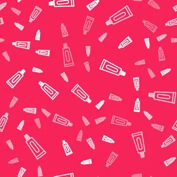White line Tube of toothpaste icon isolated seamless pattern on red background Illustrazione stock
