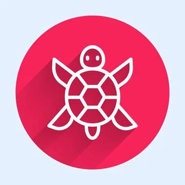 White line Turtle icon isolated with long shadow. Red circle button. Vector Stock Illustration