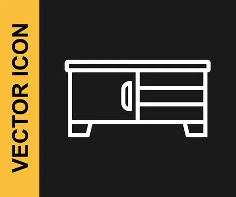 White line TV table stand icon isolated on black background. Vector Illustrazione stock