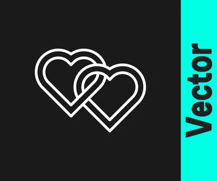 White line Two Linked Hearts icon isolated on black background. Romantic symb Stock Illustration