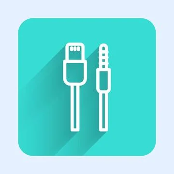 White line USB cable cord icon isolated with long shadow background. Connec.. Stock Illustration
