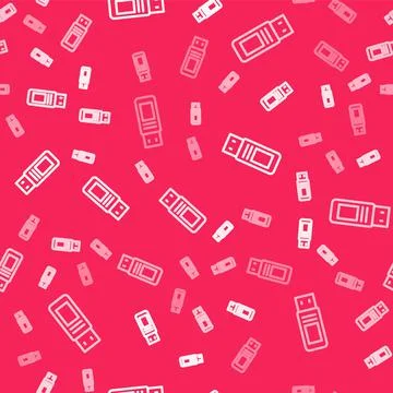 White line USB flash drive icon isolated seamless pattern on red background Stock Illustration