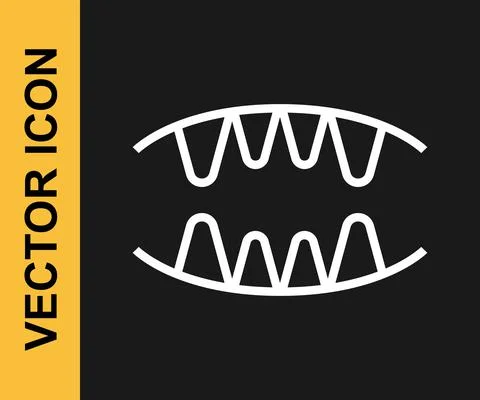 White line Vampire teeth icon isolated on black background. Happy Halloween Illustrazione stock