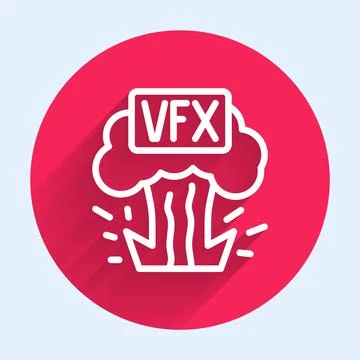 White line VFX icon isolated with long shadow. Red circle button. Vector Stock Illustration