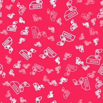 White line Video game console with joystick icon isolated seamless pattern on Illustrazione stock