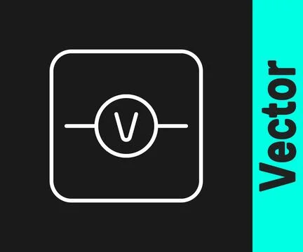 White line Voltmeter electronic component icon isolated on black background.  Illustrazione stock