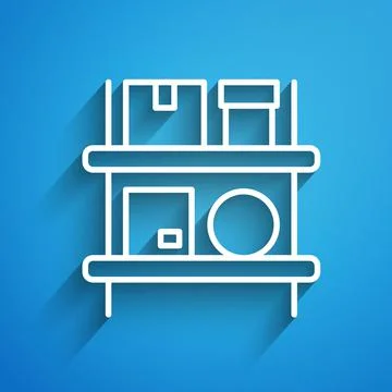 White line Warehouse interior with boxes on racks icon isolated on blue Illustrazione stock