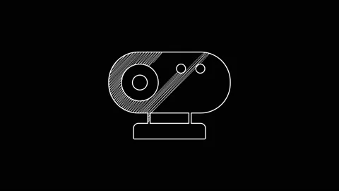 White line Web camera icon isolated on black background. Chat camera. Webcam Stock Footage 203584407