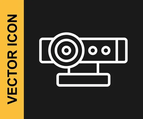 White line Web camera icon isolated on black background. Chat camera. Webcam Stock Illustration