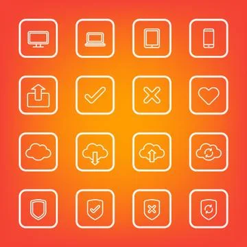 White line web icon set with rounded rectangle frame Stock Illustration