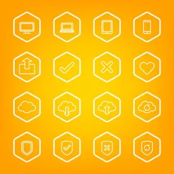 White line web icon set with hexagon frame Stock Illustration