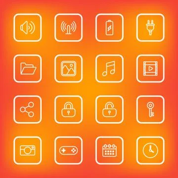 White line web icon set with rounded rectangle frame Illustrazione stock