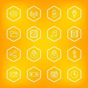 White line web icon set with hexagon frame Stock Illustration