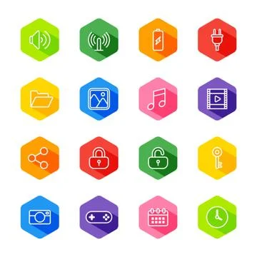 White line web icon set on colorful hexagon with shadow Stock Illustration