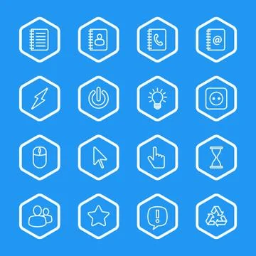 White line web icon set with hexagon frame Stock Illustration