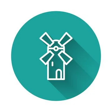 White line Windmill icon isolated with long shadow. Green circle button. Vector Stock Illustration