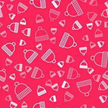 White line Winter hat icon isolated seamless pattern on red background. Vector Stockillustratie