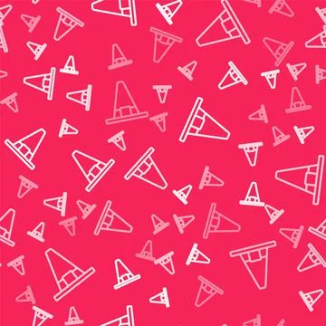 White line Witch hat icon isolated seamless pattern on red background. Happy Stock Illustration