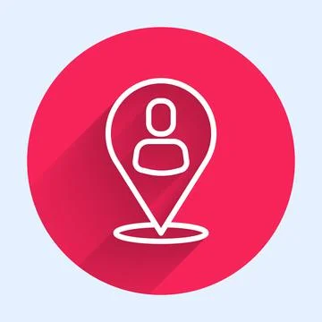 White line Worker location icon isolated with long shadow. Red circle button Stock Illustration