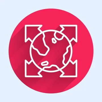 White line World globe with compass icon isolated with long shadow. Red circle Stock Illustration