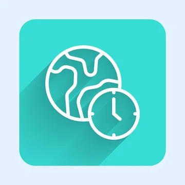 White line World time icon isolated with long shadow background. Green squa.. Stock Illustration