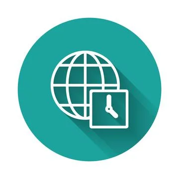 White line World time icon isolated with long shadow. Clock and globe. Green  Stockillustratie