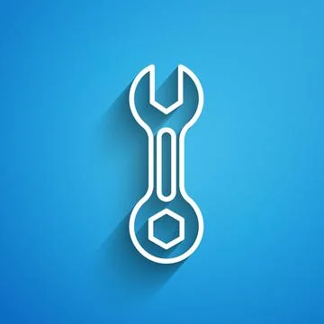 White line Wrench spanner icon isolated on blue background. Long shadow. Vector Illustrazione stock