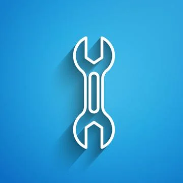 White line Wrench spanner icon isolated on blue background. Long shadow. Vector 스톡 일러스트
