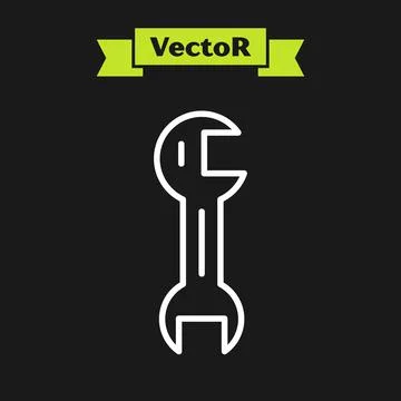White line Wrench spanner icon isolated on black background. Vector Stock Illustration