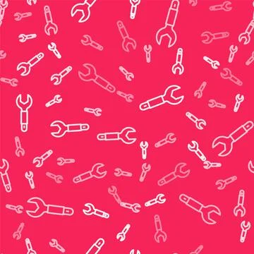 White line Wrench spanner icon isolated seamless pattern on red background Stock Illustration