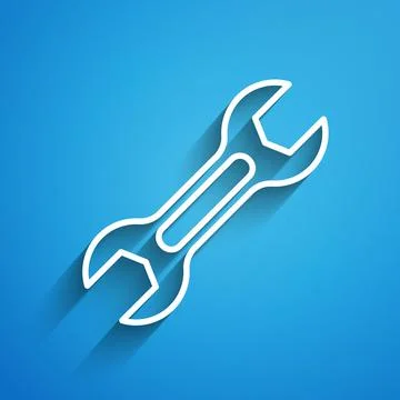 White line Wrench spanner icon isolated on blue background. Long shadow. Vector 스톡 일러스트