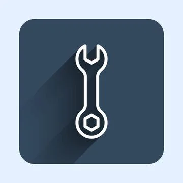 White line Wrench spanner icon isolated with long shadow background. Spanner Illustrazione stock